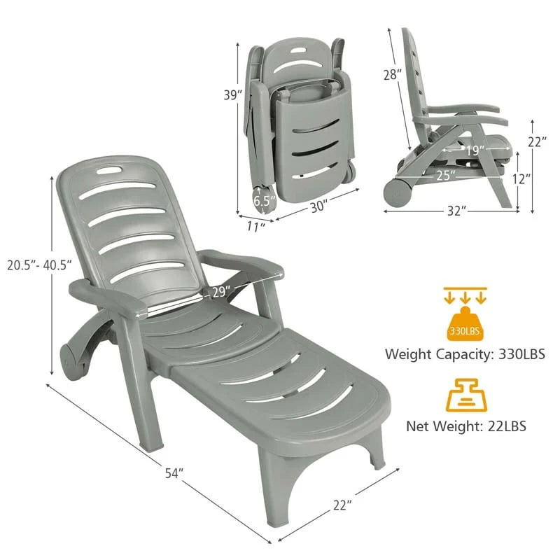 Rolling Folding Plastic Pool Lounge Chair With Armrests 5 Position Outdoor Sun Lounger Patio Deck Chair Beach Chair - Comfortable And Ergonomic Design