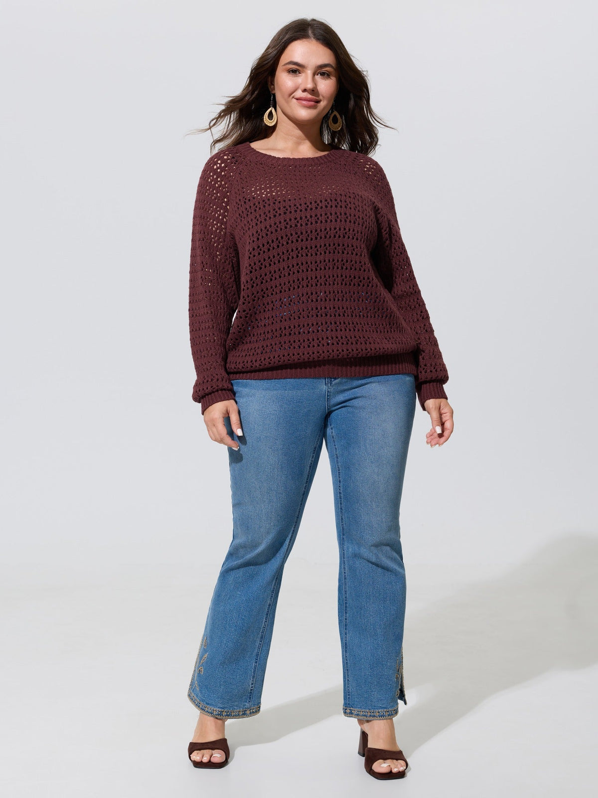 Textured Cut Out Round Neck Long Sleeve Pullover