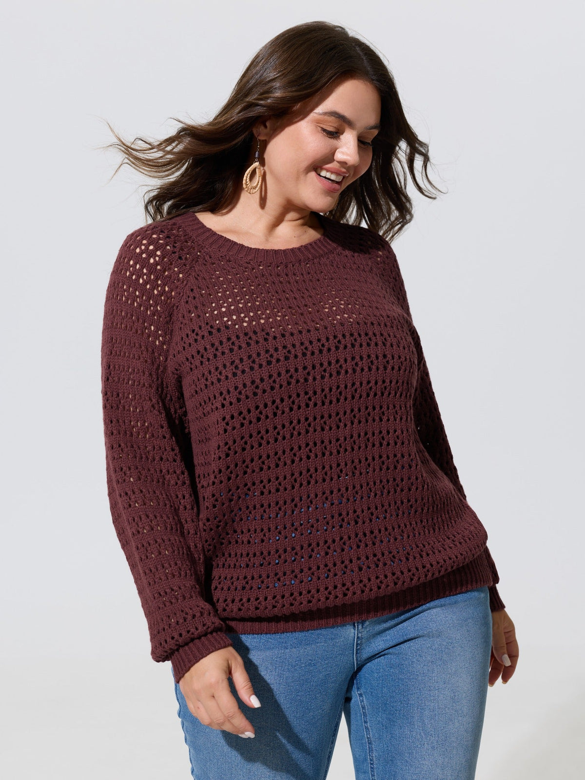 Textured Cut Out Round Neck Long Sleeve Pullover