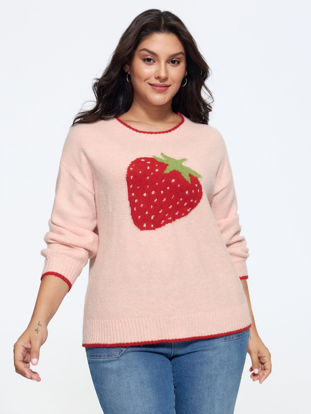Strawberry Jacquard Contrast Trim Pullover