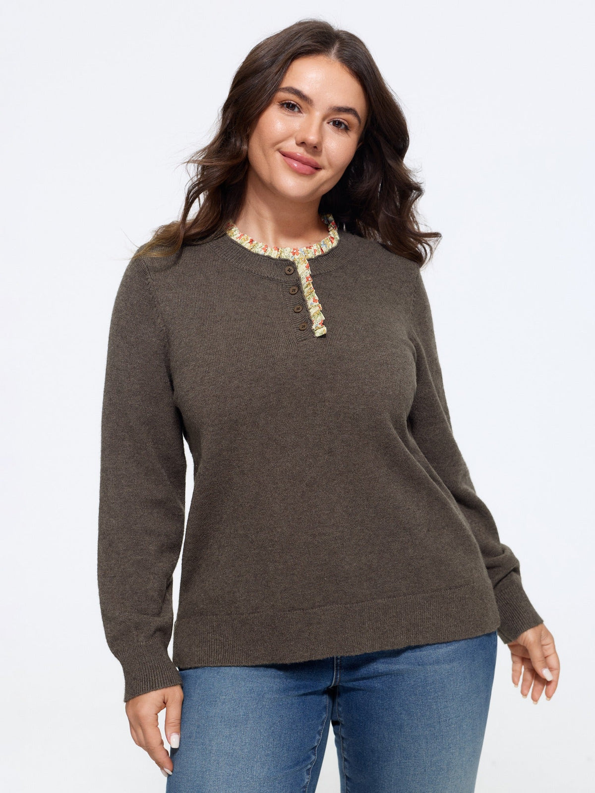 Supersoft Floral Ruffle Trim Half Button Pullover