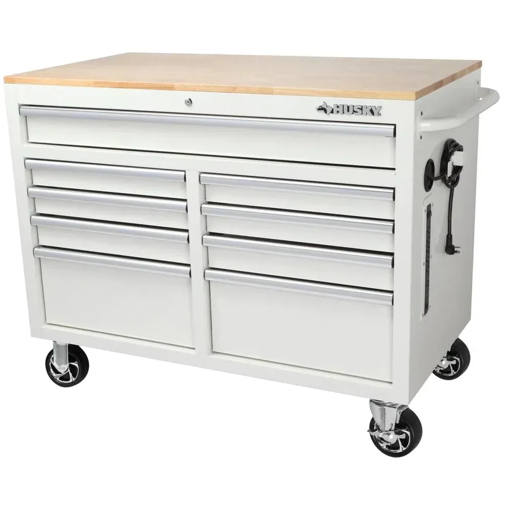 46-in W x 24.5-in D 9-Drawer Mobile Workbench with Hardwood Top and Power Station – Gloss Black