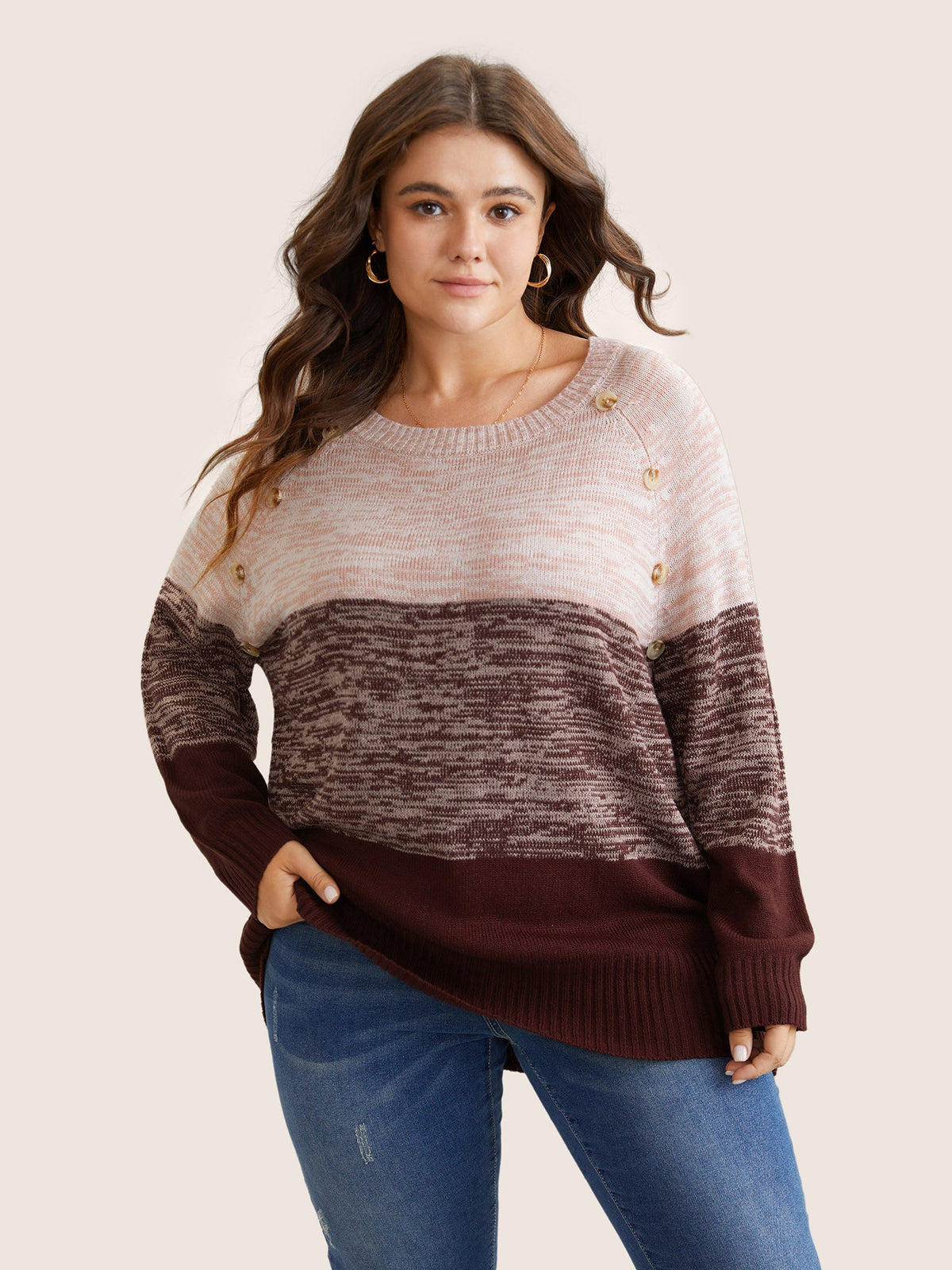 Colorblock Contrast Heather Button Detail Pullover