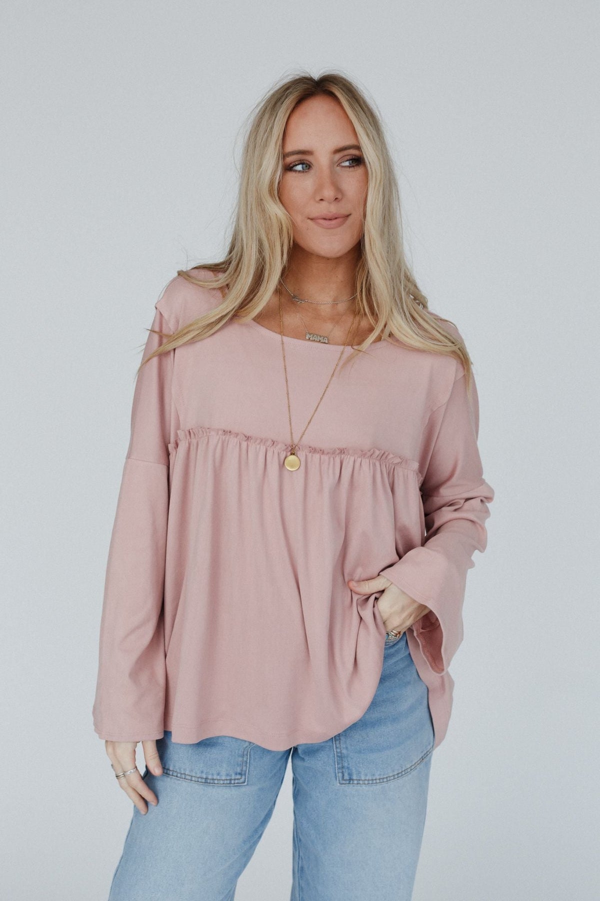 The Nest Solid Serenity Long Sleeve Babydoll Top - Mauve Dusty