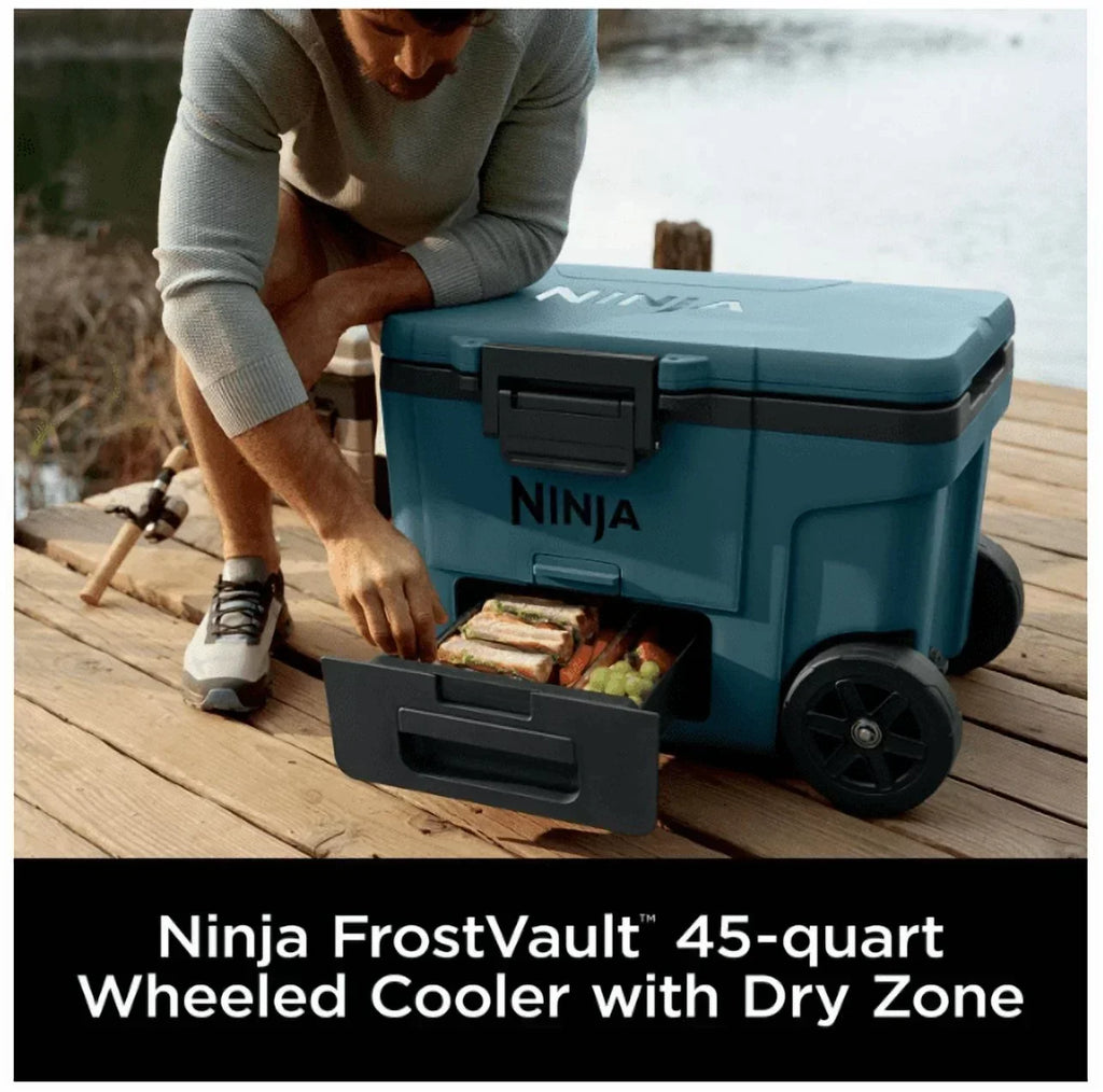 Ninja | Cooler | FrostVault 45QT Cooler with Wheels | Insulated with Temp Dry Storage Drawer | Keeps Ice Cold for Days | for The Beach, Camping, Picnics & More | Ocean Blue | FB245AOB