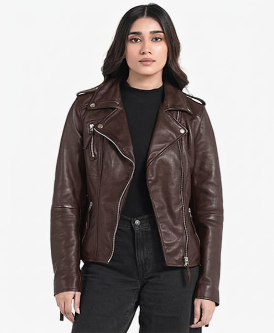 STREGA Women's Lambskin Leather Motorcycle Jacket - Real Leather Biker Jacket Women with Leather Pullers for Timeless Everyday Style | Brown ¨C Medium