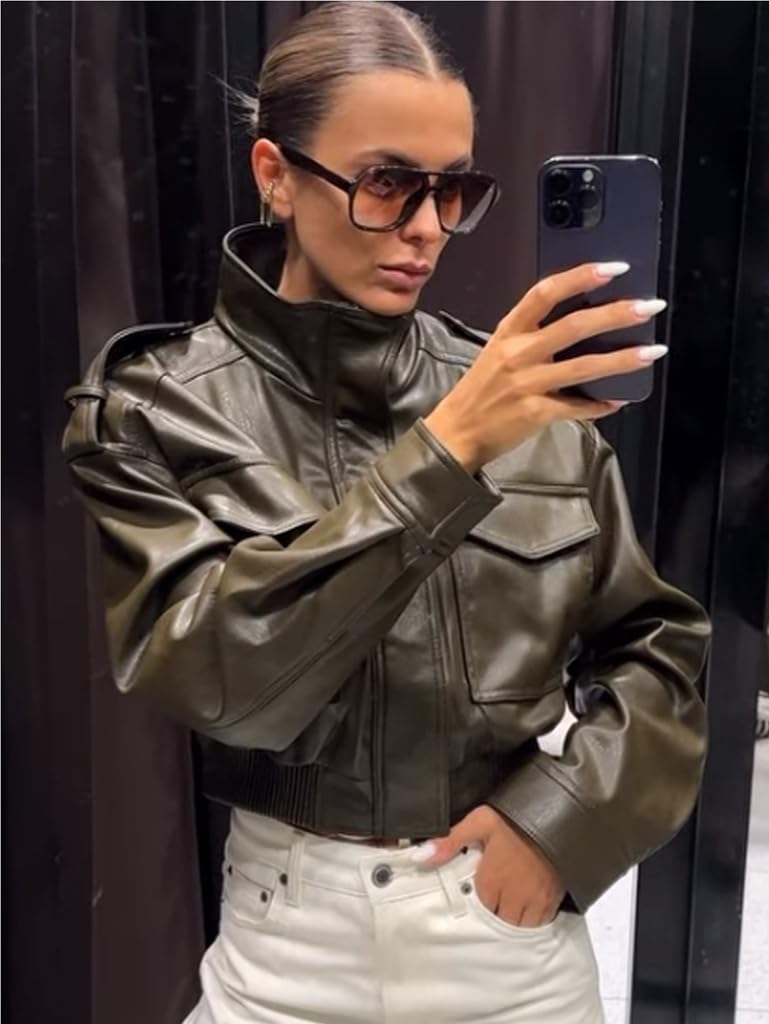 RISCUYY Green Leather Jacket Women Stand Collar Zip Up Olive Green Cropped Leather Jacket Women Trendy 2026