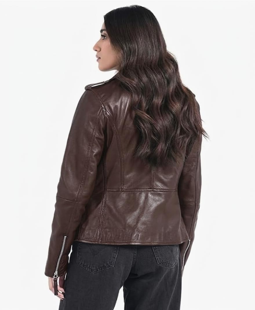 STREGA Women's Lambskin Leather Motorcycle Jacket - Real Leather Biker Jacket Women with Leather Pullers for Timeless Everyday Style | Brown ¨C Medium