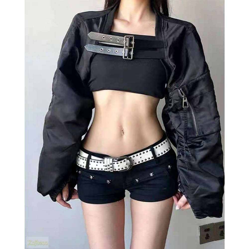 Xojbzoo Women's Y2K Belted Black Motorcycle Jacket Pleated Long Sleeve Super Short Coat Trendy Summer Fashion (Black.Small)