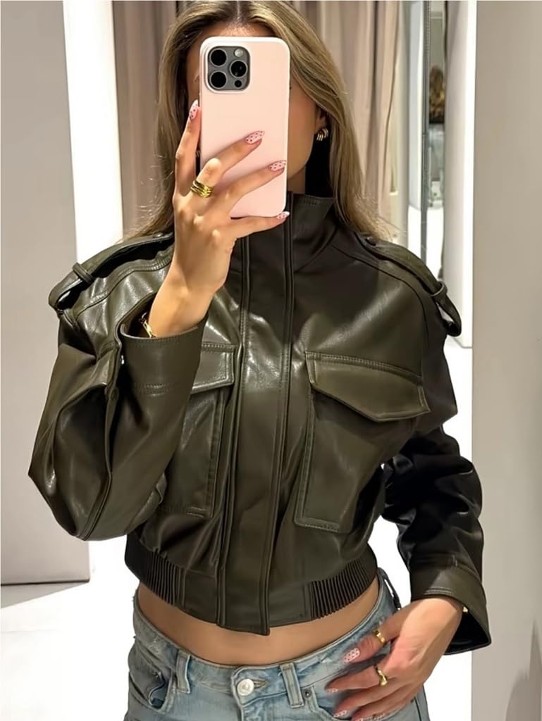 RISCUYY Green Leather Jacket Women Stand Collar Zip Up Olive Green Cropped Leather Jacket Women Trendy 2026