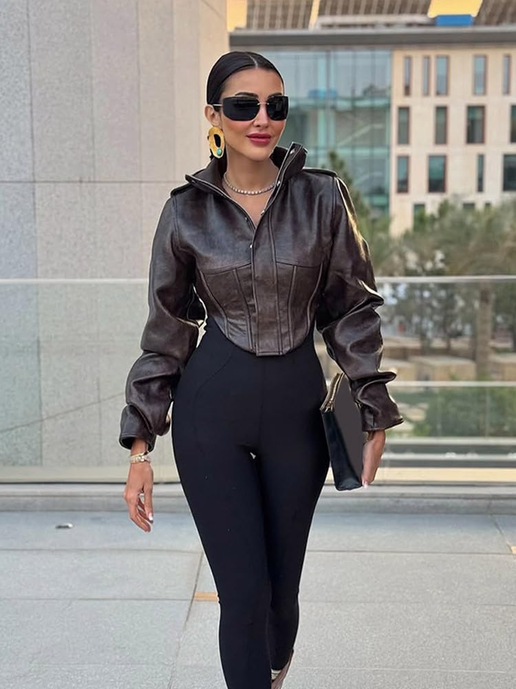 Wuitrie Womens Vintage Faux Leather Jacket High Neck Cropped Coat Long Sleeve Fashion Outerwear Casual Street Style