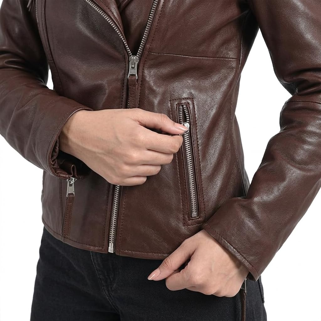 STREGA Women's Lambskin Leather Motorcycle Jacket - Real Leather Biker Jacket Women with Leather Pullers for Timeless Everyday Style | Brown ¨C Medium