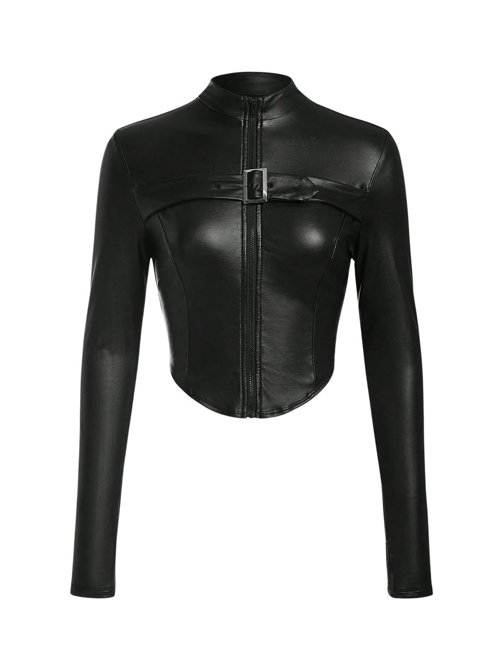 MakeMeChic Women's Leather Cropped Jacket Winter Y2K Long Sleeve Black Jacket Zip Up Outerwear Tops Black Small