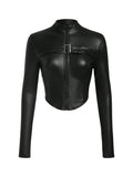 MakeMeChic Women's Leather Cropped Jacket Winter Y2K Long Sleeve Black Jacket Zip Up Outerwear Tops Black Small