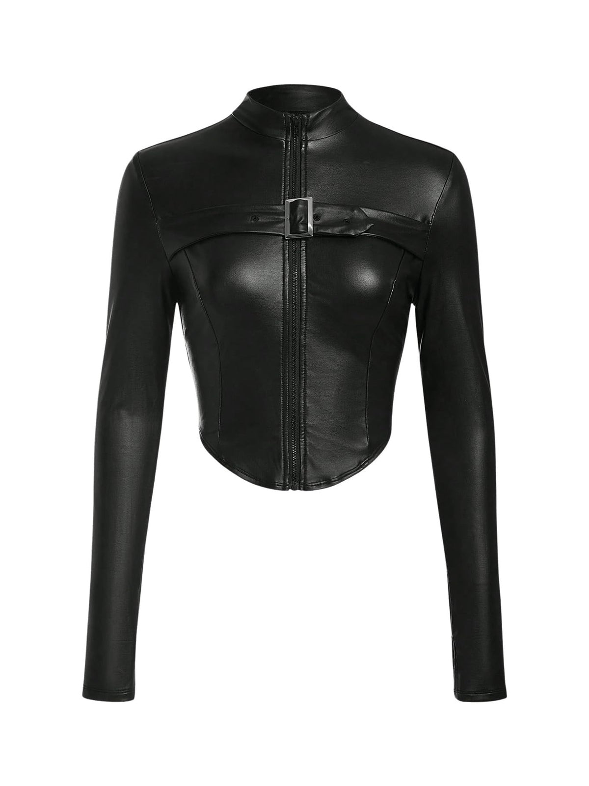 MakeMeChic Women's Leather Cropped Jacket Winter Y2K Long Sleeve Black Jacket Zip Up Outerwear Tops Black Small