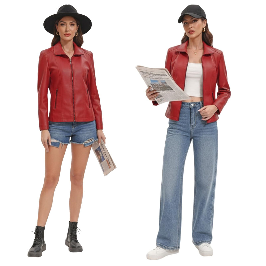 CHIGUO Faux Leather Jacket for Women Motorcycle Fashion Zip Up Coat Trendy Going Out Jackets (Red.Medium)