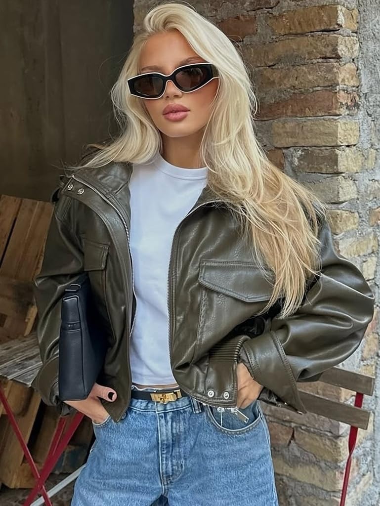 RISCUYY Green Leather Jacket Women Stand Collar Zip Up Olive Green Cropped Leather Jacket Women Trendy 2026