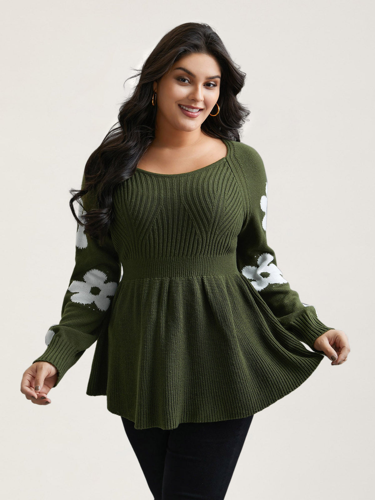 Floral Patch Jacquard Cinched Waist Pullover