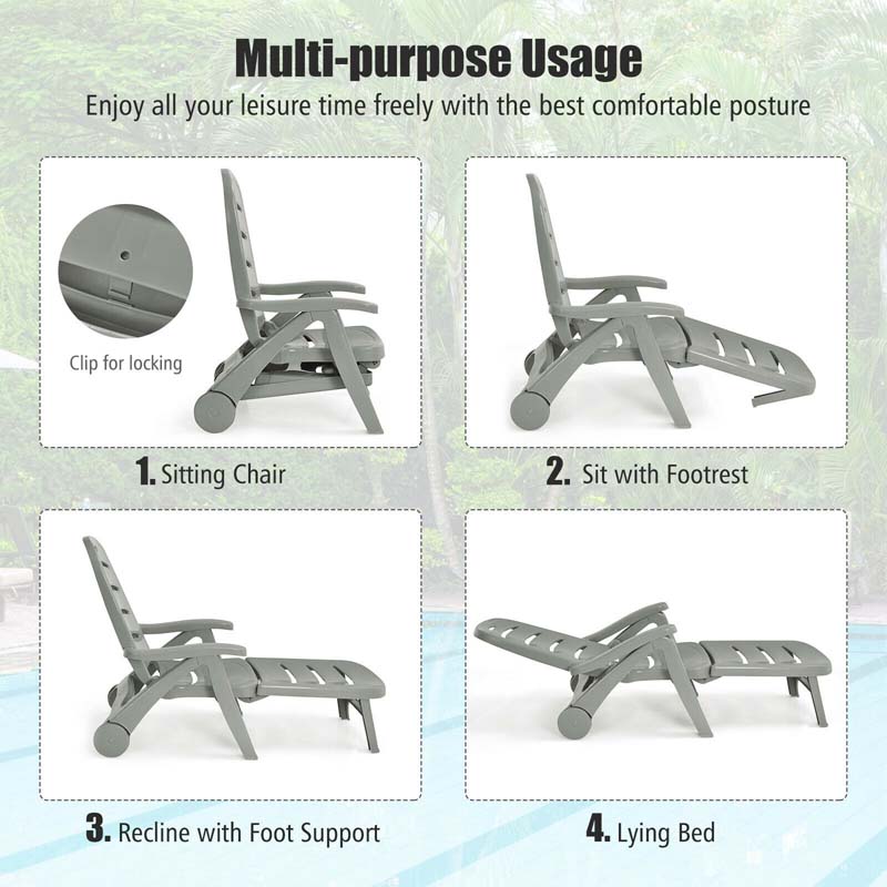 Rolling Folding Plastic Pool Lounge Chair With Armrests 5 Position Outdoor Sun Lounger Patio Deck Chair Beach Chair - Comfortable And Ergonomic Design