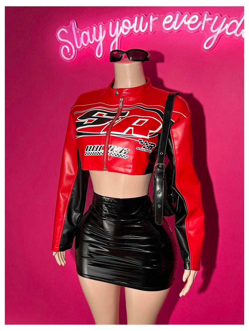 GORGLITTER Women's PU Leather Cropped Jacket F1 Racer Varsity Jacket Zip Up Color Block Graphic Motorcycle Biker Coats Red Large