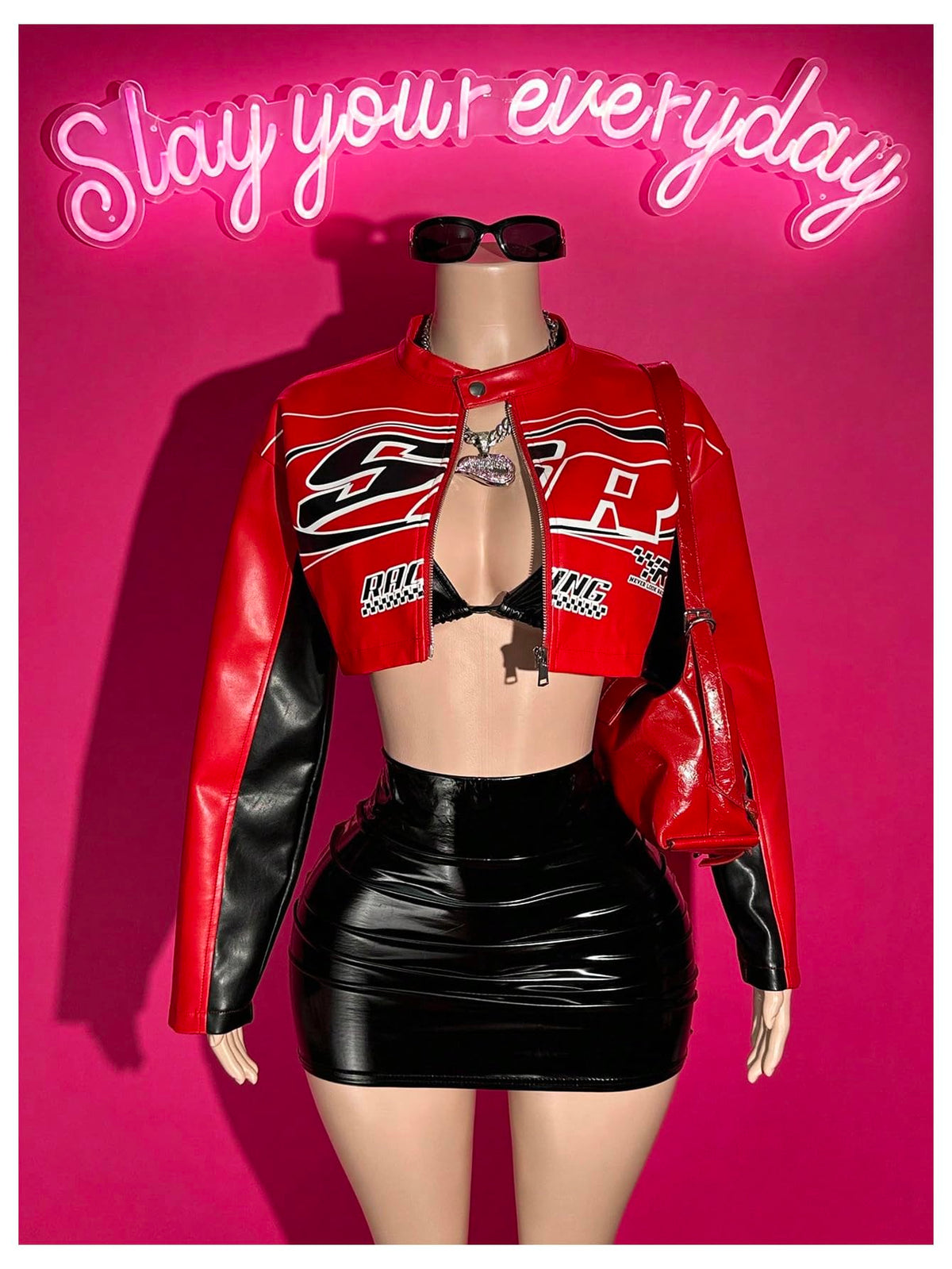 GORGLITTER Women's PU Leather Cropped Jacket F1 Racer Varsity Jacket Zip Up Color Block Graphic Motorcycle Biker Coats Red Large