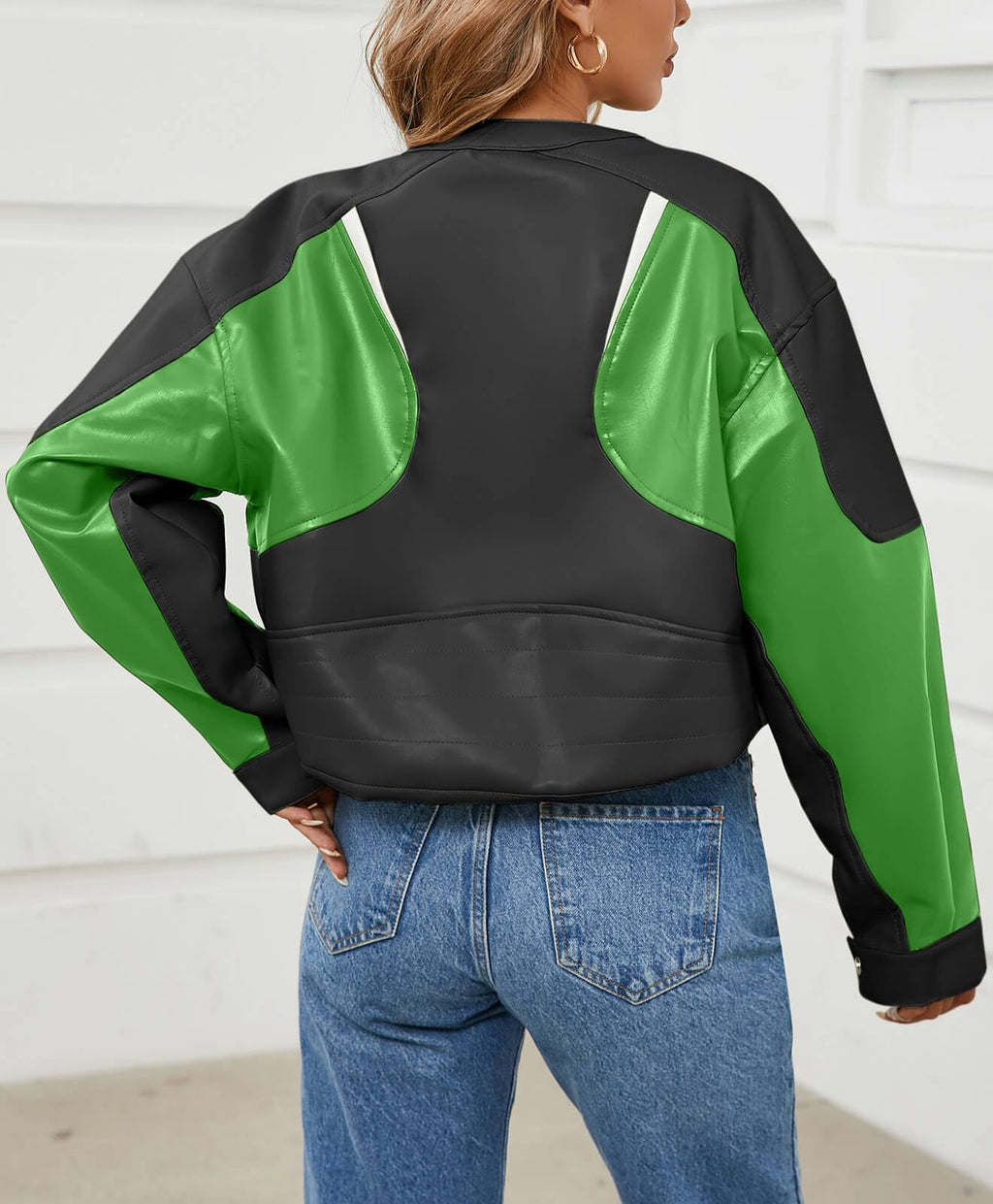 Tankaneo Womens Faux Leather Bomber Jackets Cropped Zip Up Color Block Fall Casual Moto Biker Coats