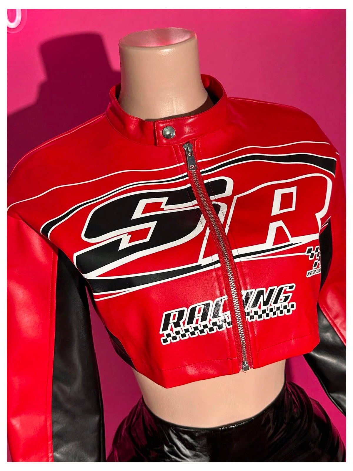 GORGLITTER Women's PU Leather Cropped Jacket F1 Racer Varsity Jacket Zip Up Color Block Graphic Motorcycle Biker Coats Red Large