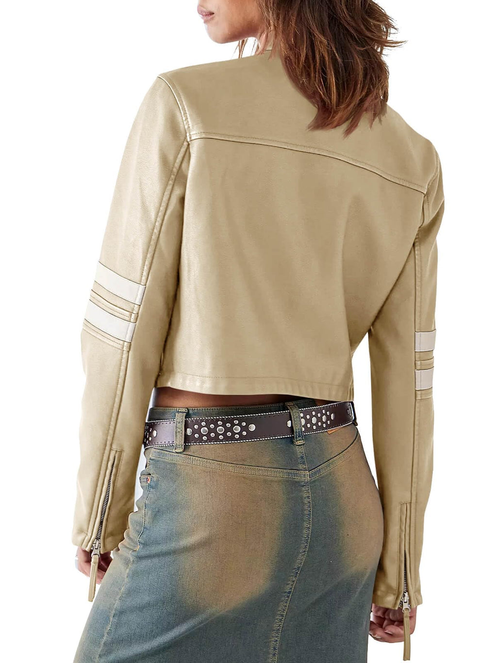 Saodimallsu Women's Faux Leather Jackets Zip Up Stand Collar Cropped Motocross PU Coats