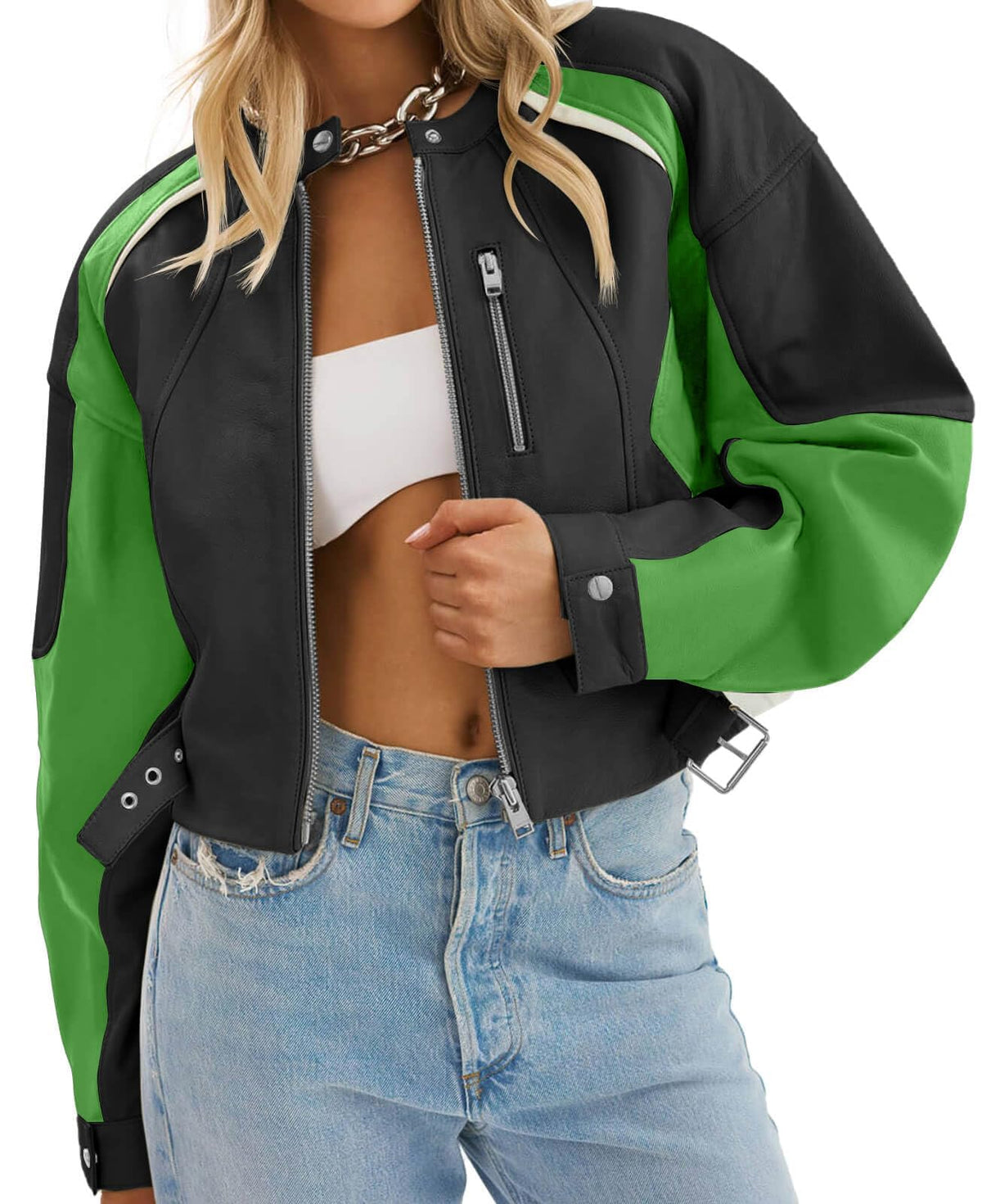 Tankaneo Womens Faux Leather Bomber Jackets Cropped Zip Up Color Block Fall Casual Moto Biker Coats
