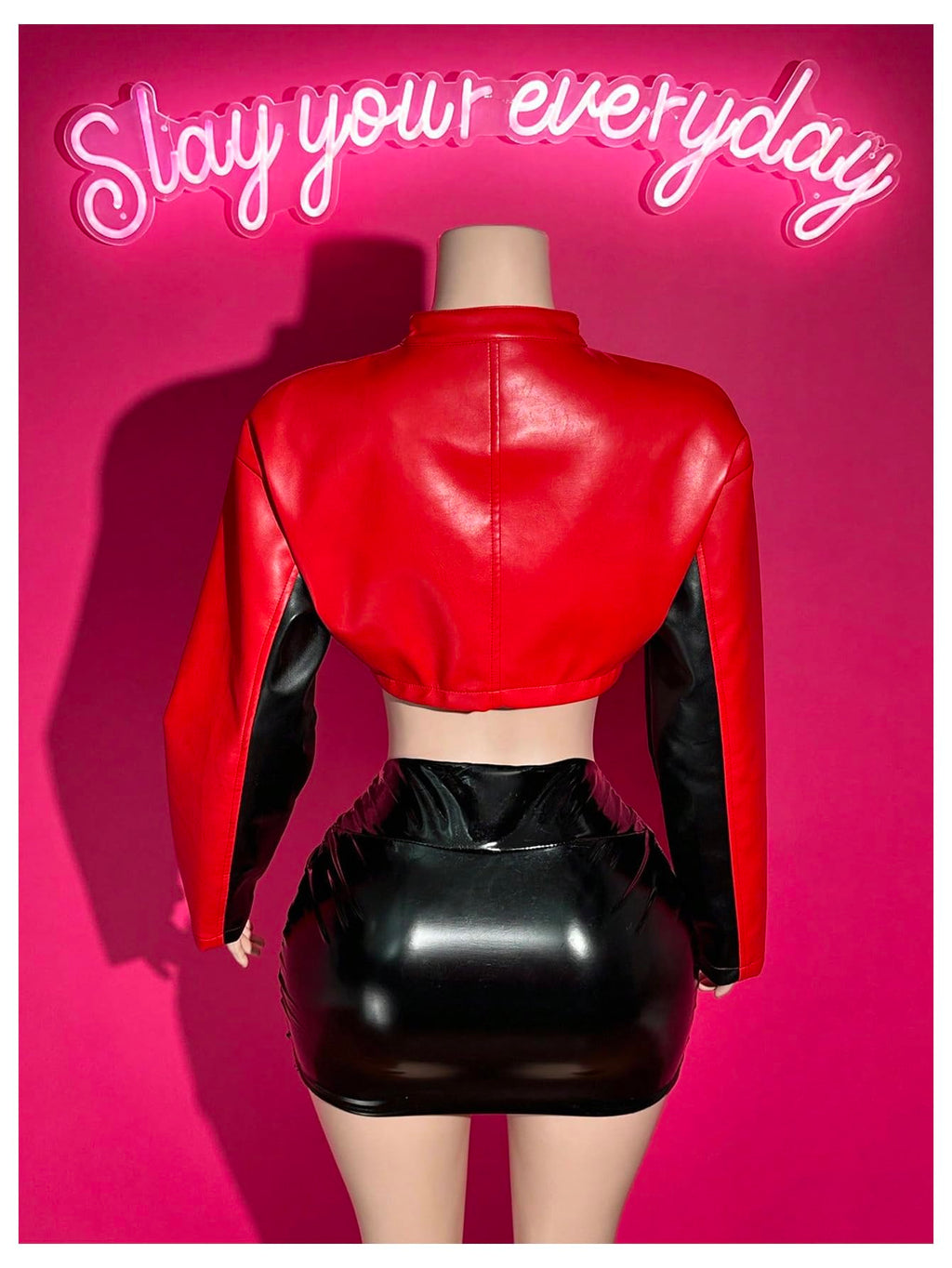 GORGLITTER Women's PU Leather Cropped Jacket F1 Racer Varsity Jacket Zip Up Color Block Graphic Motorcycle Biker Coats Red Large