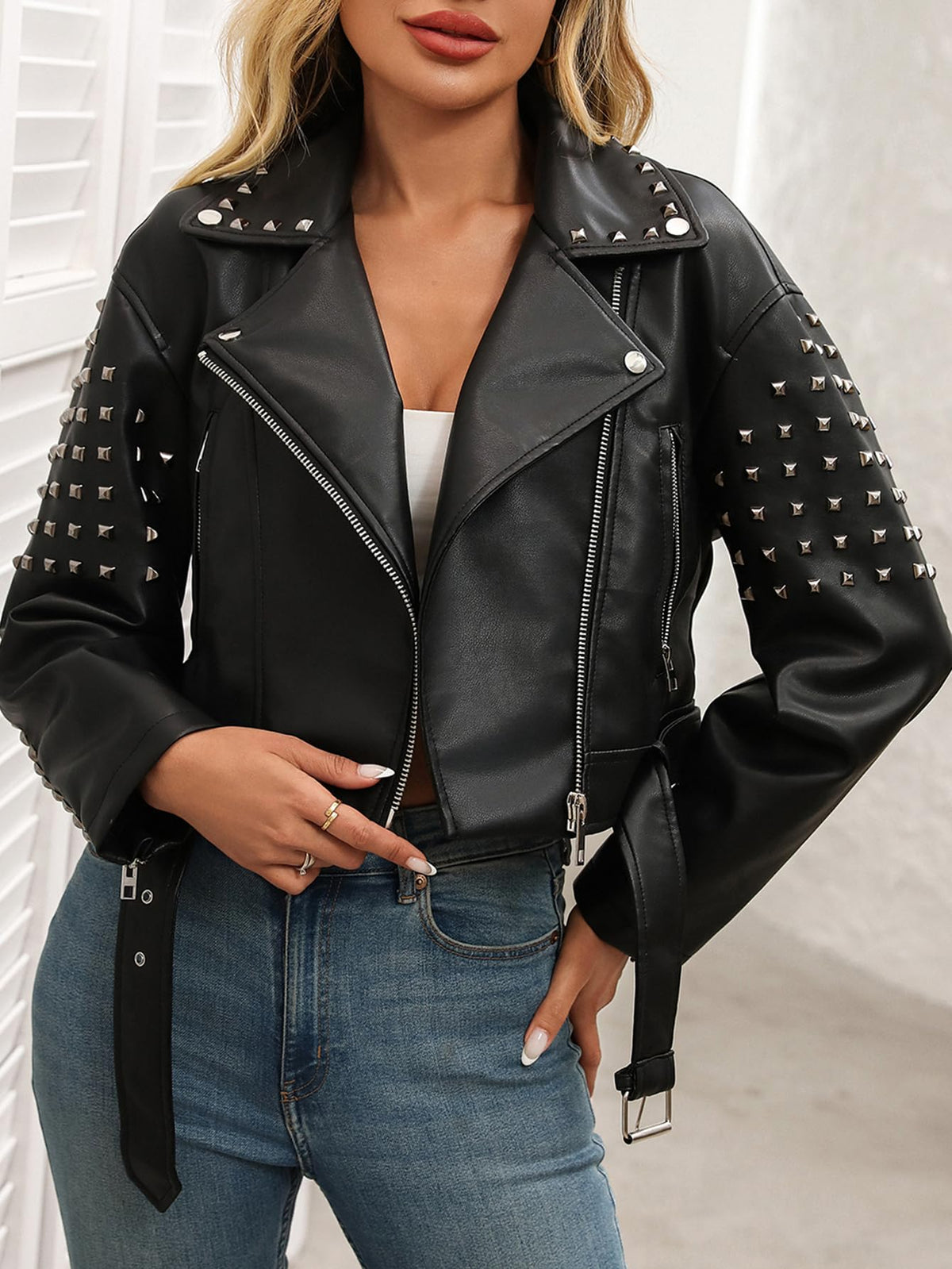 LY VAREY LIN Women's Rivet Studded Faux Leather Cropped Moto PU Jacket Punk Streetwear Coat