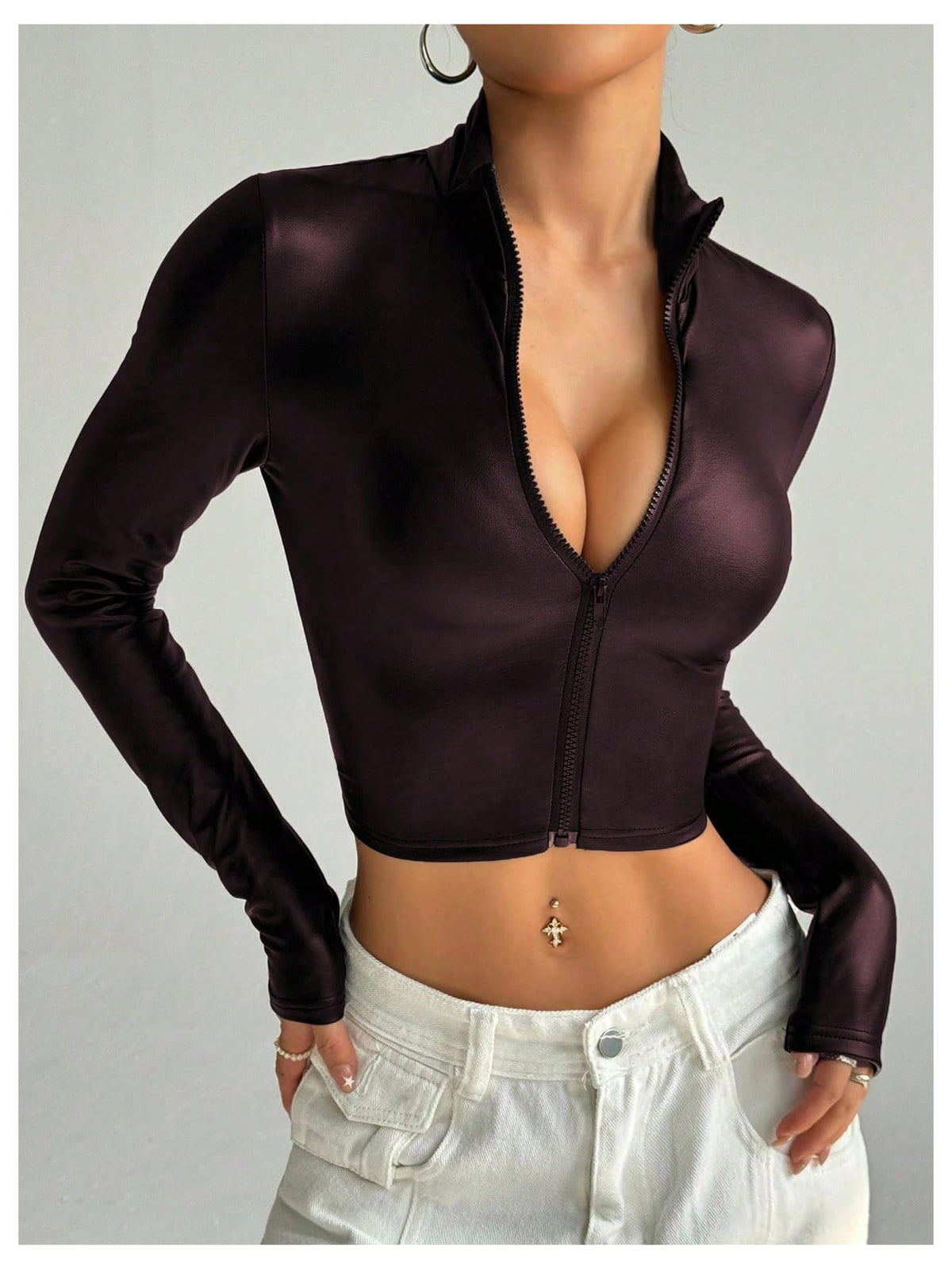 SOLY HUX Women's Faux Leather Zip Up Long Sleeve Fitted Crop Jackets Y2k Clothes Streetwear Plain Burgundy Medium