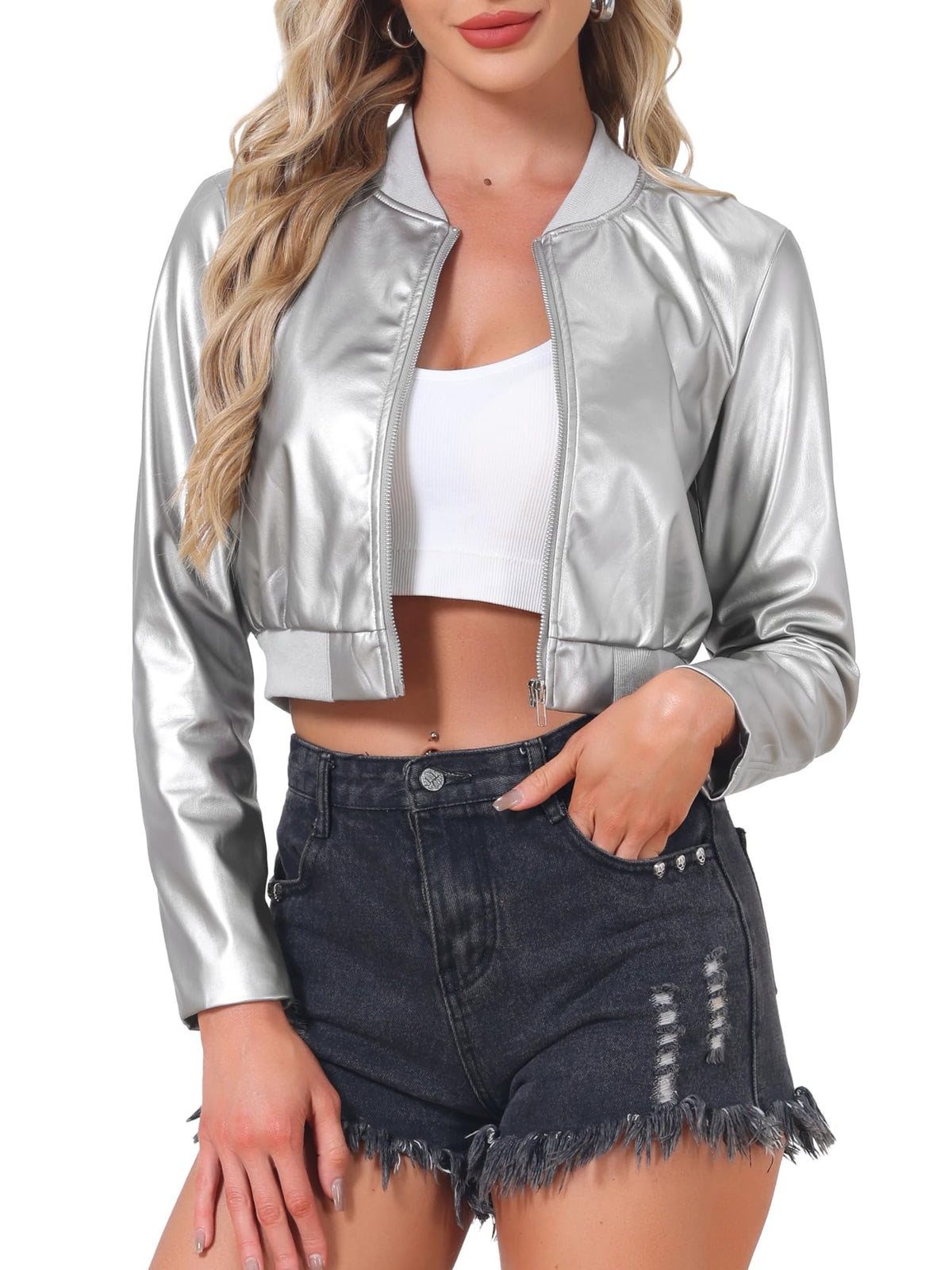 Allegra K Faux Leather Bomber Jacket for Women Casual Zip Up PU Moto Biker Motocycle Cropped Jackets Medium Silver