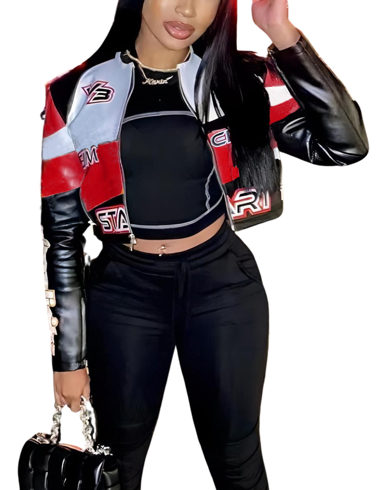 VOIKERDR Zipper Short Bomber Jacket for Women Moto Biker.Faux Leather