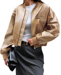 Cicy Bell Womens Faux Leather Bomber Jackets Baseball Collar Zip Up Cropped Biker Coat with Pockets
