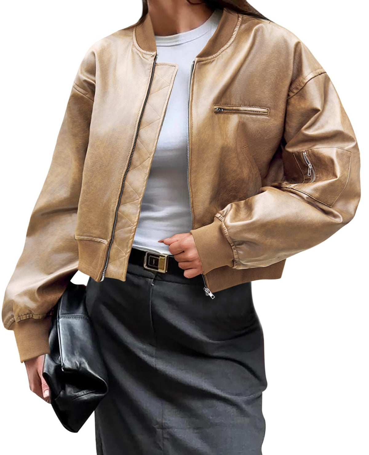 Cicy Bell Womens Faux Leather Bomber Jackets Baseball Collar Zip Up Cropped Biker Coat with Pockets