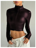 SOLY HUX Women's Faux Leather Zip Up Long Sleeve Fitted Crop Jackets Y2k Clothes Streetwear Plain Burgundy Medium