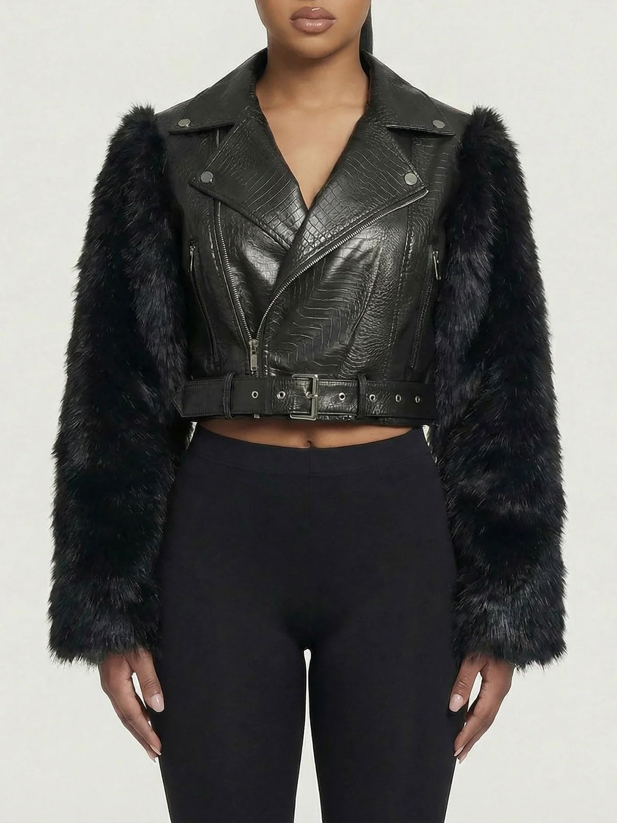 Akmipoem Leather Jacket Women Cropped PU Moto Coat Faux Fur Sleeve Short Biker Jackets Fall Streetwear with Belt Black M