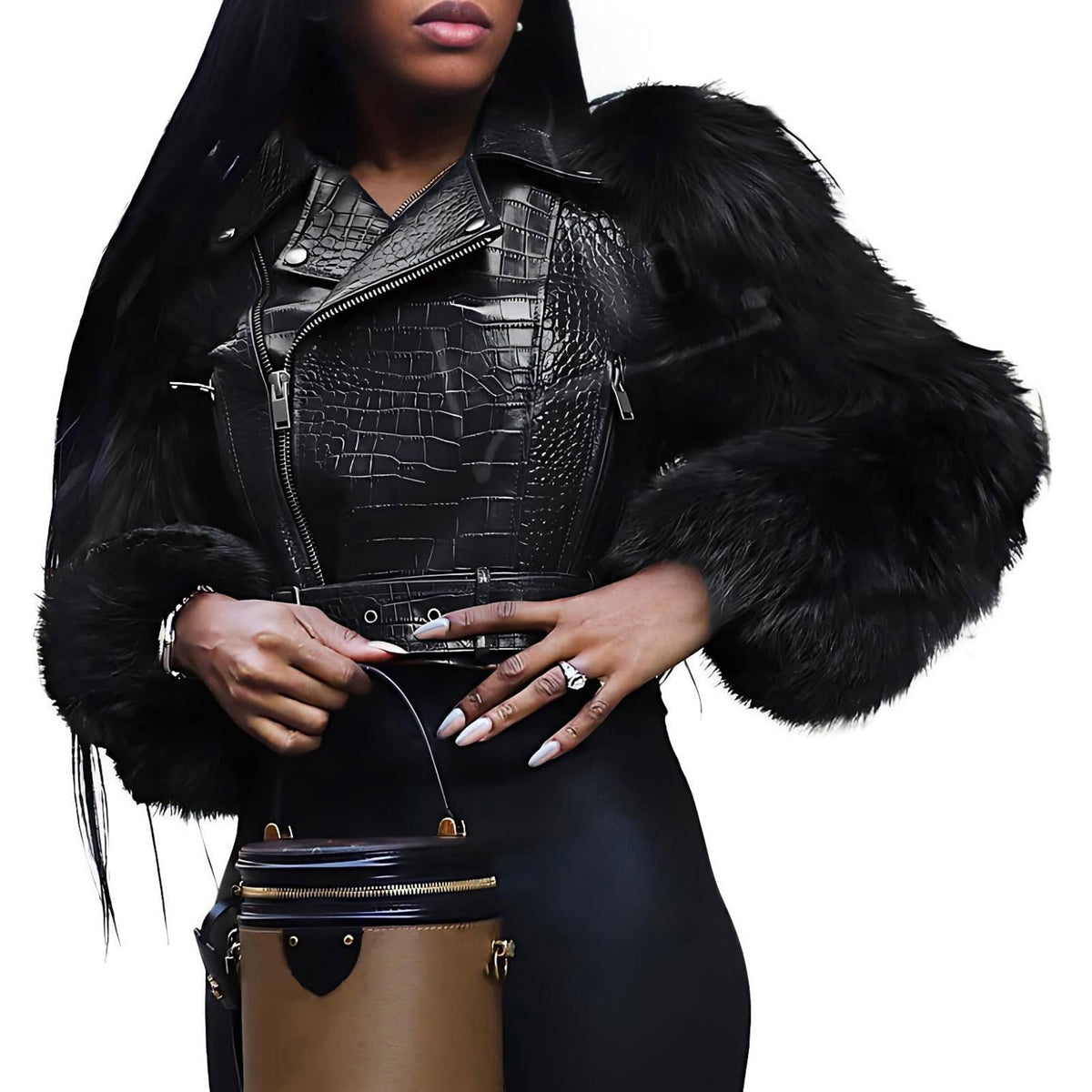 Akmipoem Leather Jacket Women Cropped PU Moto Coat Faux Fur Sleeve Short Biker Jackets Fall Streetwear with Belt Black M