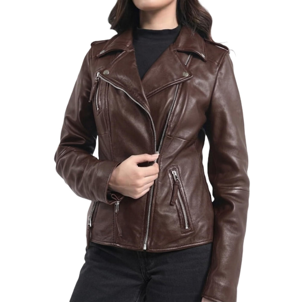 STREGA Women's Lambskin Leather Motorcycle Jacket - Real Leather Biker Jacket Women with Leather Pullers for Timeless Everyday Style | Brown ¨C Medium