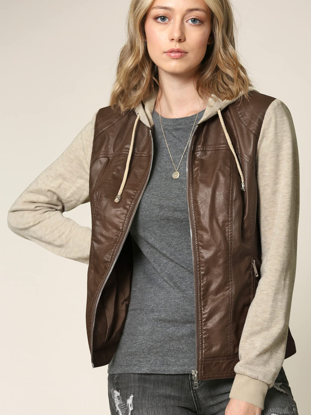 Lock and Love LL WJC1347 Womens Faux Leather Zip Up Moto Biker Jacket with Hoodie M COFFEE_OATMEAL