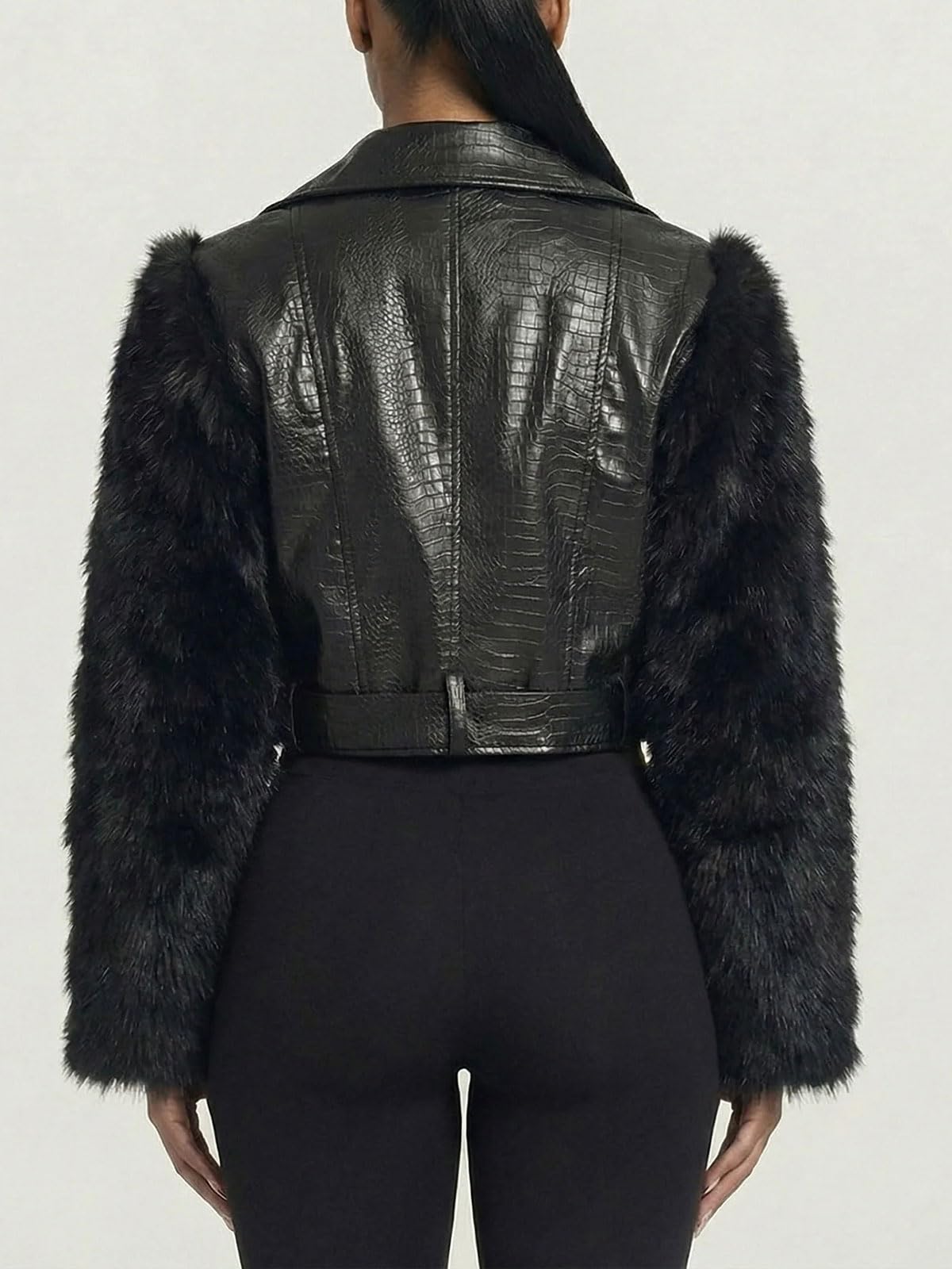 Akmipoem Leather Jacket Women Cropped PU Moto Coat Faux Fur Sleeve Short Biker Jackets Fall Streetwear with Belt Black M