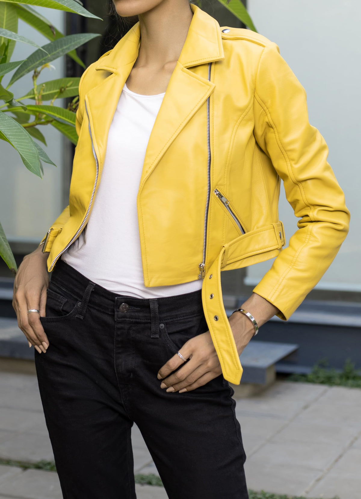 Jild Cropped Leather Jacket Women Lapel Asymmetric Zip Up Moto Biker Short Coat with Belt (CW-Yellow-S)