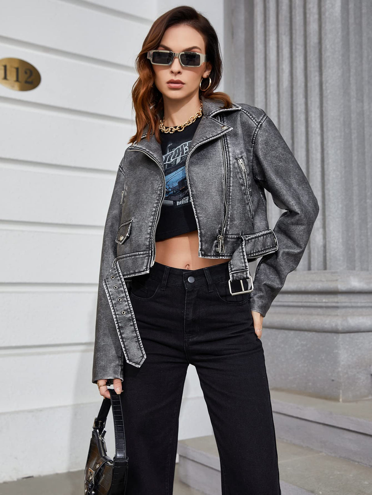LY VAREY LIN Women Faux Leather Cropped Jacket Lapel Zipper Biker Short Coat with Belt