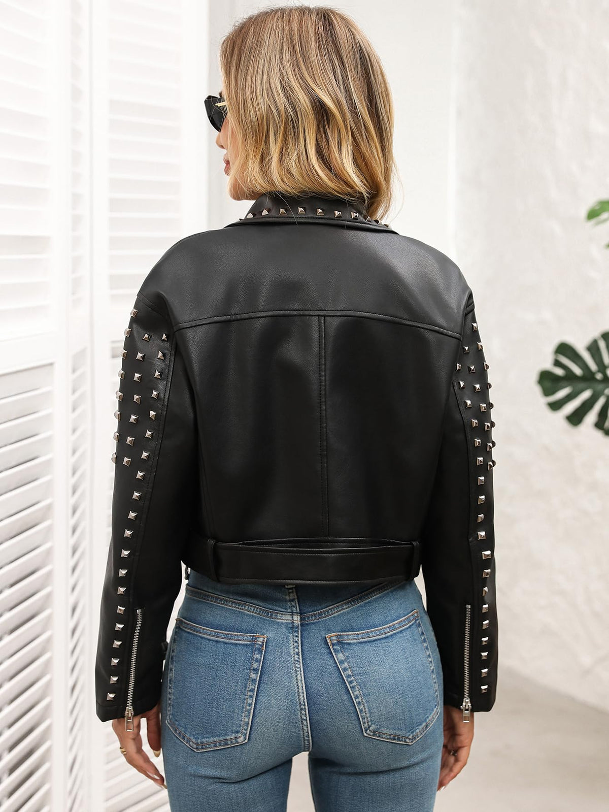 LY VAREY LIN Women's Rivet Studded Faux Leather Cropped Moto PU Jacket Punk Streetwear Coat