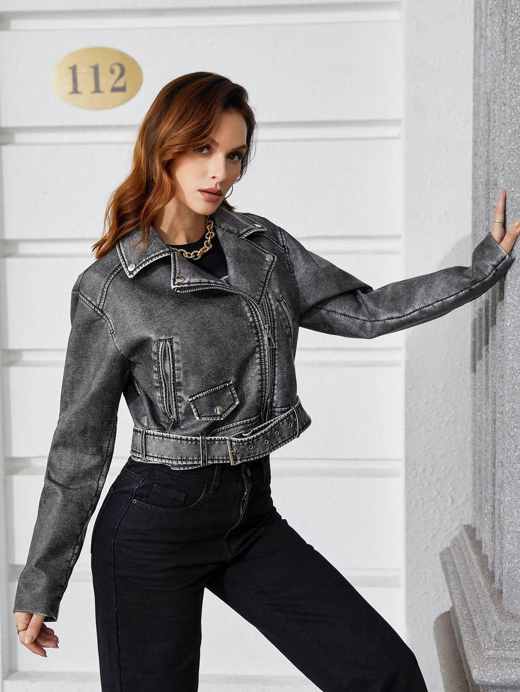 LY VAREY LIN Women Faux Leather Cropped Jacket Lapel Zipper Biker Short Coat with Belt