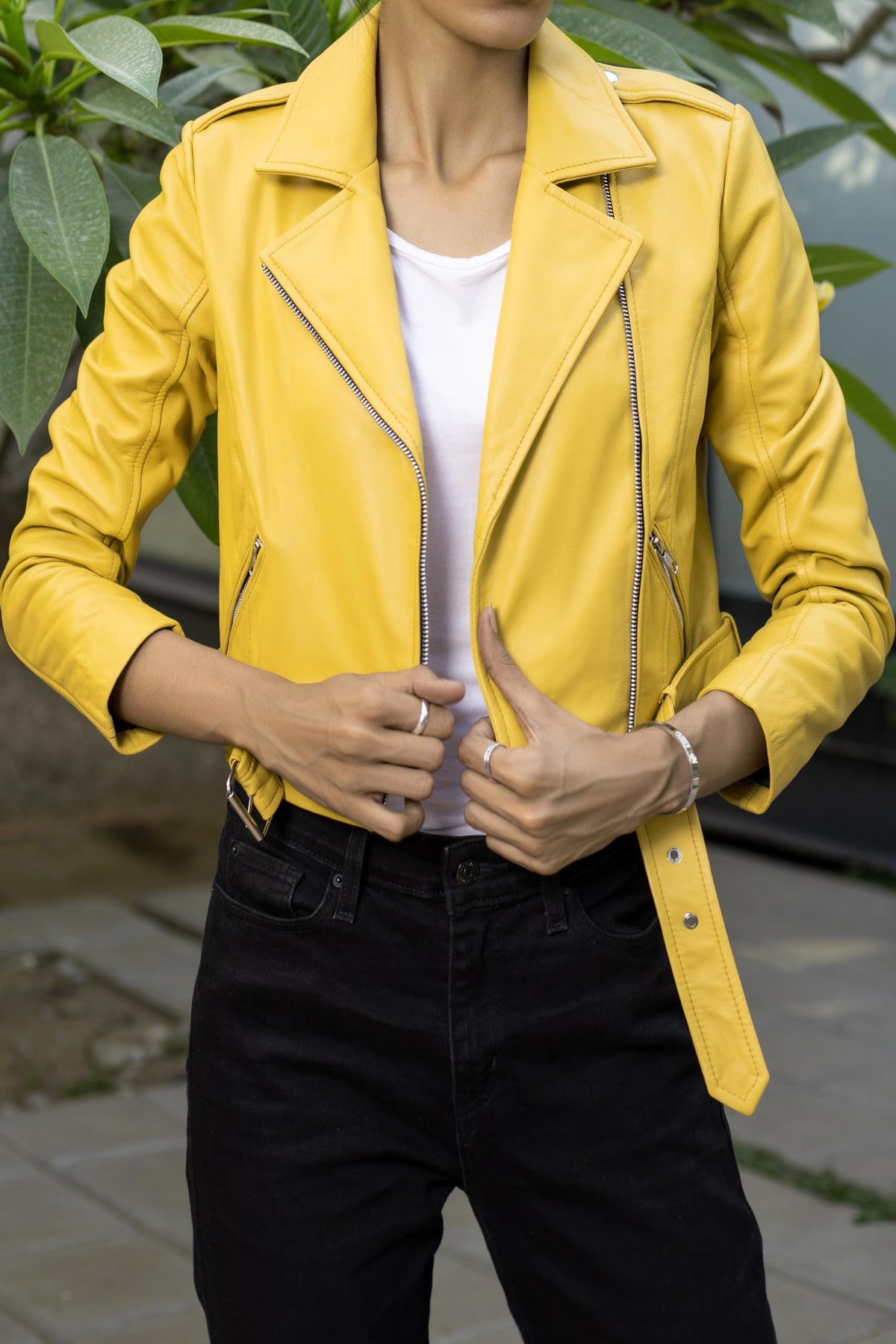 Jild Cropped Leather Jacket Women Lapel Asymmetric Zip Up Moto Biker Short Coat with Belt (CW-Yellow-S)