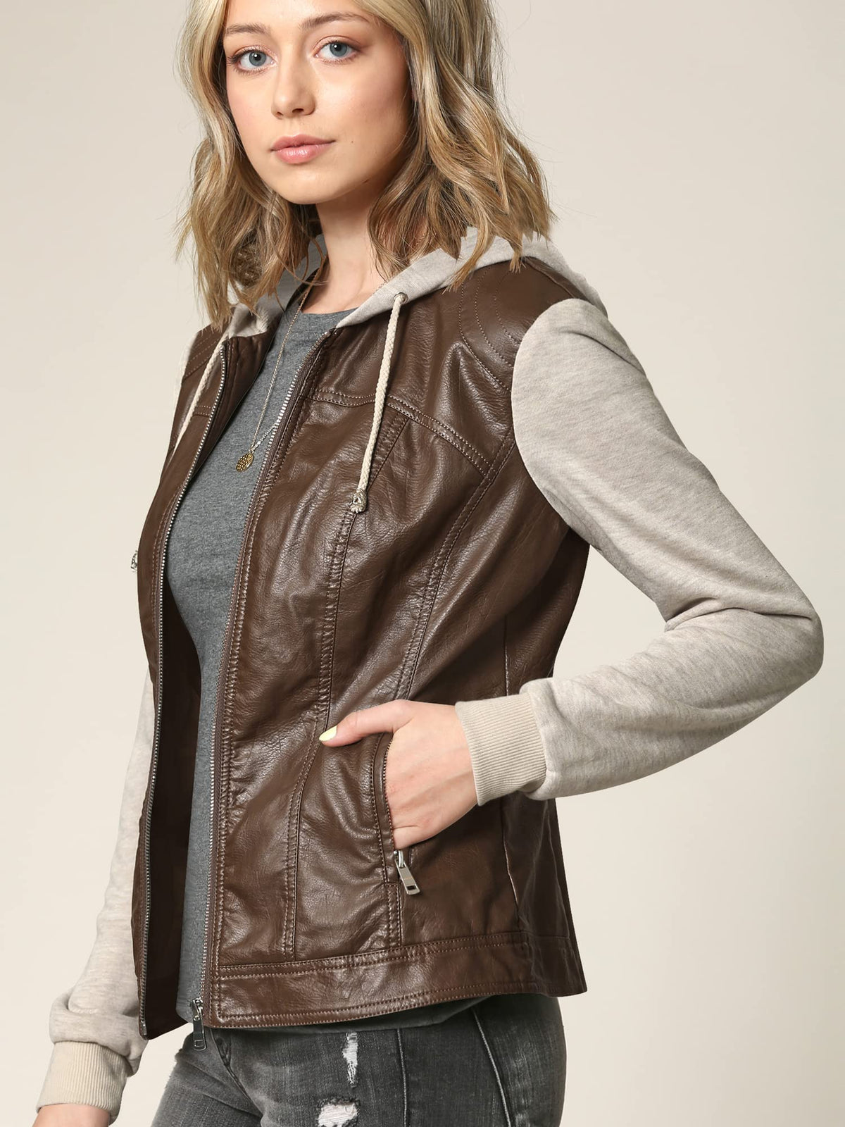 Lock and Love LL WJC1347 Womens Faux Leather Zip Up Moto Biker Jacket with Hoodie M COFFEE_OATMEAL