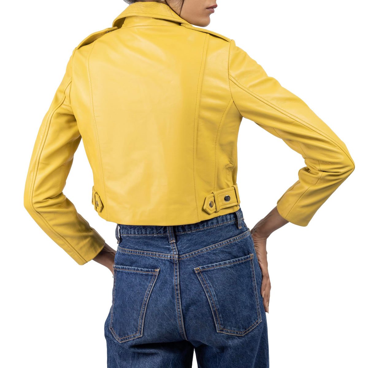 Jild Cropped Leather Jacket Women Lapel Asymmetric Zip Up Moto Biker Short Coat with Belt (CW-Yellow-S)