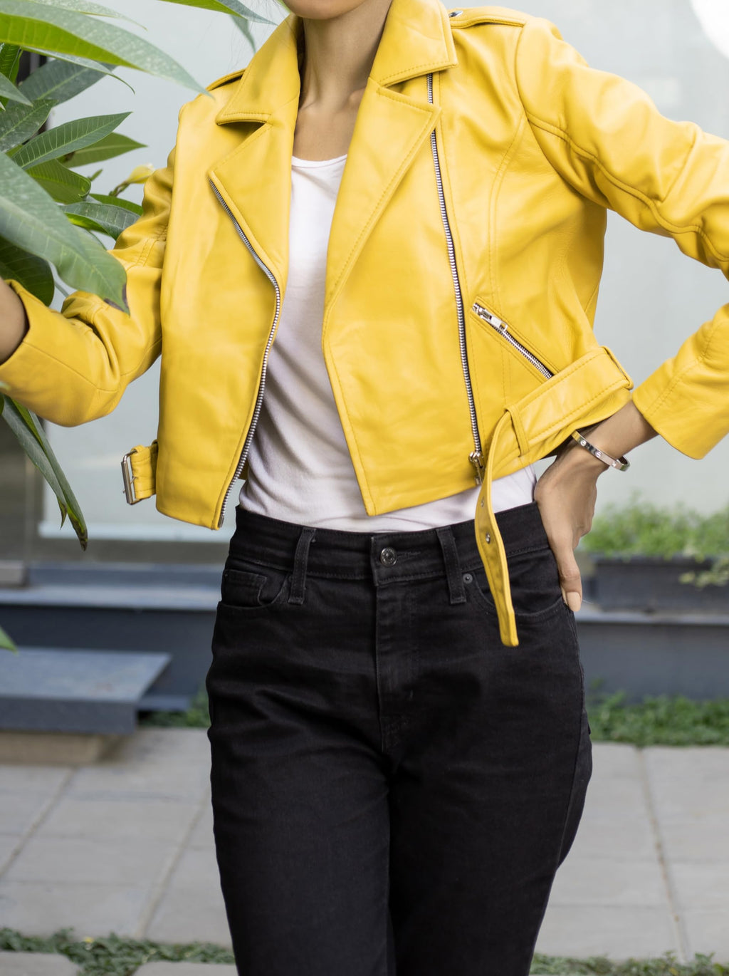 Jild Cropped Leather Jacket Women Lapel Asymmetric Zip Up Moto Biker Short Coat with Belt (CW-Yellow-S)